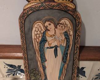 Religious Ceramic Plaque of Madonna and Child with Dragon by Catherine Robles Shaw