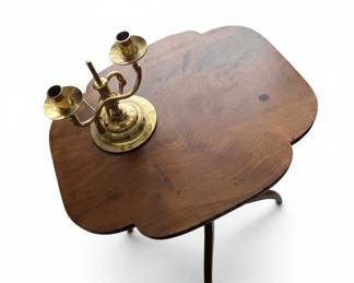 Vintage Scalloped Edge Side Table with Brass Candlestick Lamp