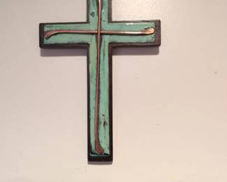 Rustic Wooden Cross with Teal Epoxy and Copper Inlay