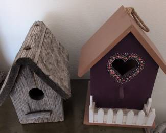 Rustic Reclaimed Wood Birdhouse and Decorative Plum Birdhouse with Picket Fence