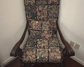 Victorian Carved Mahogany Morris Chair with Tapestry Upholstery