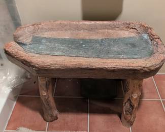 Rustic Carved Wood and Metal Trough Stool