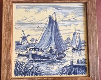 Delft Blue Style Ceramic Tile with Dutch Canal Scene