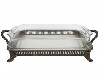 Vintage Pyrex Glass Casserole Dish with SilverPlated Stand