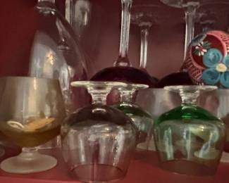 Assorted Vintage Brandy Snifters and Colored Wine Glasses
