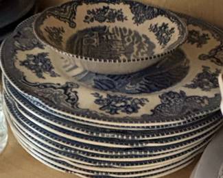 Currier and Ives Blue Willow Pattern China Set