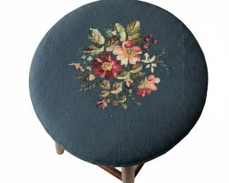 Vintage Needlepoint Footstool with Floral Motif