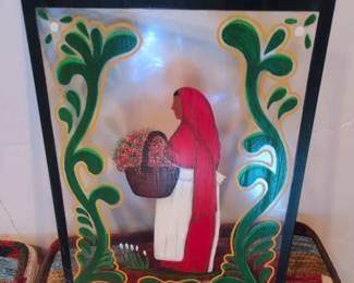 Folk Art Style Painted Glass Panel with Woman Carrying Basket