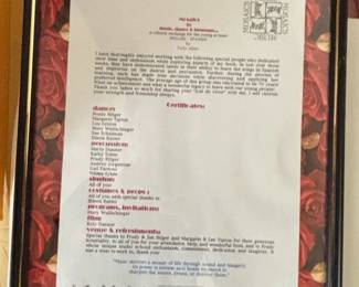 Framed Certificate of Appreciation for Mosaics in Music, Dance Language