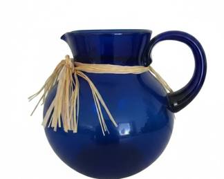 Cobalt Blue Glass Pitcher with Raffia Accent