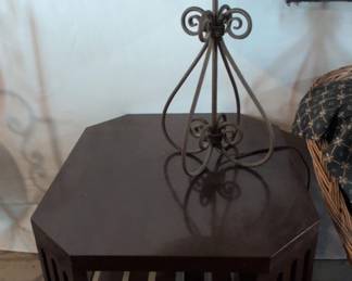 Wrought Iron Scroll Accent Table Lamp with Octagonal Slatted Side Table