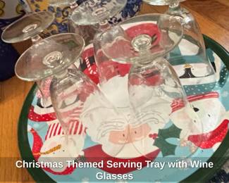 Christmas Themed Serving Tray with Wine Glasses