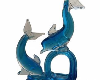Murano Style Glass Dolphin Sculpture on Wave Base