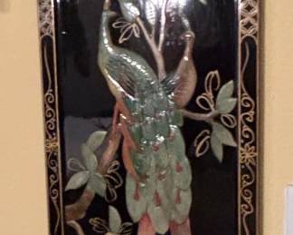 Vintage Chinese Black Lacquer Mother of Pearl Peacock Wall Panel
