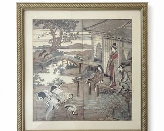 Japanese Scene with Cranes and Figures Print
