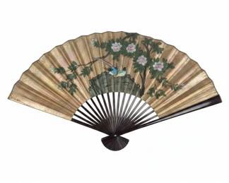 Vintage Japanese Silk Fan with Bird and Floral Motif