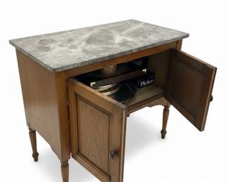 Antique Wooden Cabinet with Silver Plated Serving Tray and Pitcher