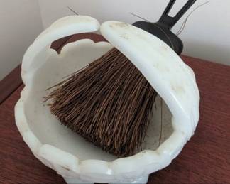 Vintage Milk Glass HandPainted Dustpan and Brush Set