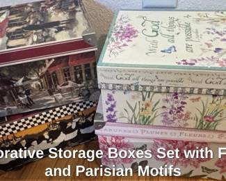 Decorative Storage Boxes Set with Floral and Parisian Motifs