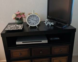 Dark Wood Media Console with Nine Drawers and Contrasting Drawer Fronts