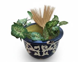 Blue and White Ceramic Planter with Scrollwork