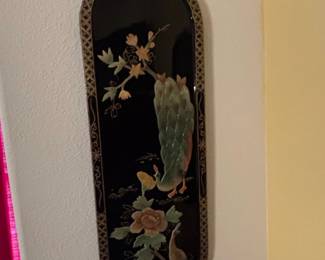 Vintage Chinese Black Lacquer Mother of Pearl Peacock Wall Panel fourth image