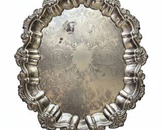 Ornate Silver Plated Footed Serving Tray with Handles