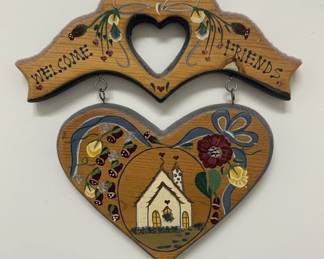 Welcome Friends Heart Shaped Wooden Hanging Sign