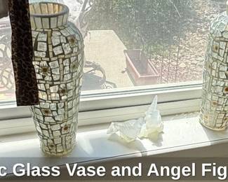 Mosaic Glass Vase and Angel Figurines