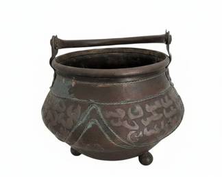 Antique Footed Copper Cauldron with Handle