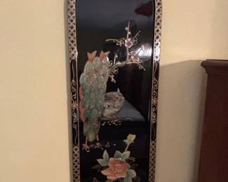 Vintage Chinese Black Lacquer Mother of Pearl Peacock Wall Panel third image