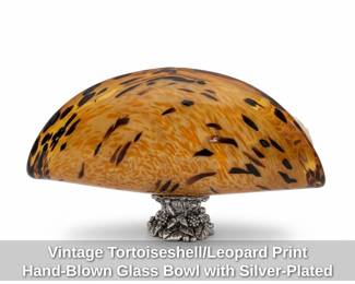 Vintage Tortoiseshell or Leopard Print HandBlown Glass Bowl with SilverPlated Grape and Leaf Base