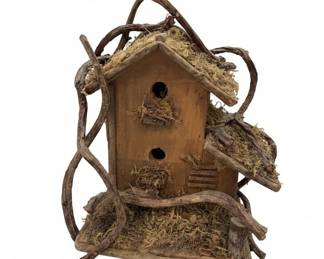 Rustic Decorative Birdhouse with Twig and Moss Accents