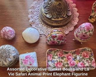 Assorted Decorative Trinket Boxes and La Vie Safari Animal Print Elephant Figurine