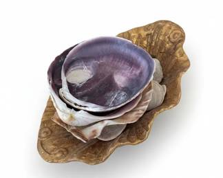 Gilt Metal Shell Dish with Assorted Seashells, including a large purple clam shell