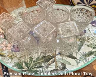 Pressed Glass Tumblers with Floral Tray