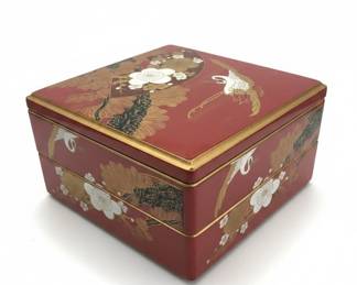 Red Lacquerware Jewelry Box with Crane Motif and Leopard Print Floral Storage Box second image
