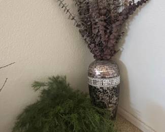 Mosaic Vase with Dried Eucalyptus and Faux Fern