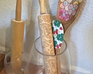 Embossed Rolling Pin with Floral and Paisley Design and Painted Wooden Spoon