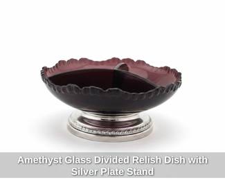 Amethyst Glass Divided Relish Dish with Silver Plate Stand