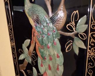 Vintage Chinese Black Lacquer Mother of Pearl Peacock Wall Panel second image