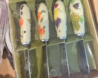 Vintage Fruit Decorated Cheese Knives Set