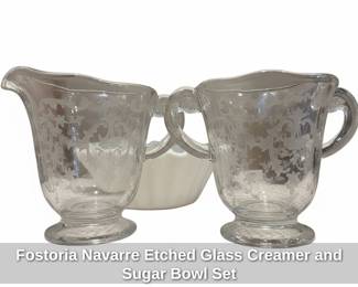 Fostoria Navarre Etched Glass Creamer and Sugar Bowl Set