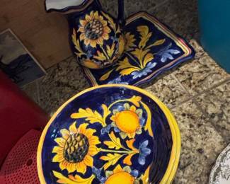 Italian Ceramic Pitcher and Bowl Set with Sunflower and Lemon Motif