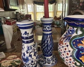 Pair of Blue and White Talavera Ceramic Candlesticks