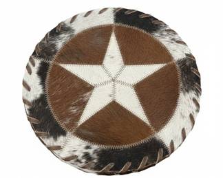 Cowhide Patchwork Round Ottoman or Footstool with Texas Star
