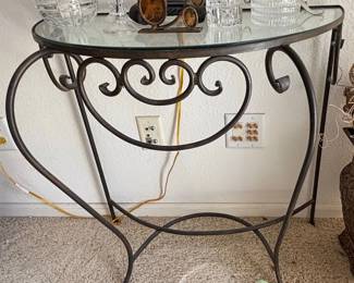 Ornate Wrought Iron HalfMoon Console Table with Glass Top
