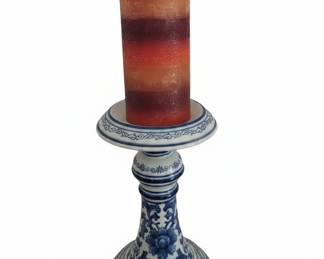 Blue and White Chinoiserie Porcelain Pillar Candlestick