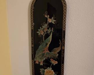 Vintage Chinese Black Lacquer Mother of Pearl Peacock Wall Panel fifth image