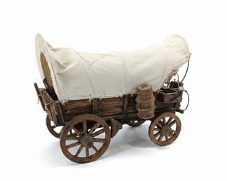 Vintage Handcrafted Wooden Covered Wagon Model with Barrel Detail